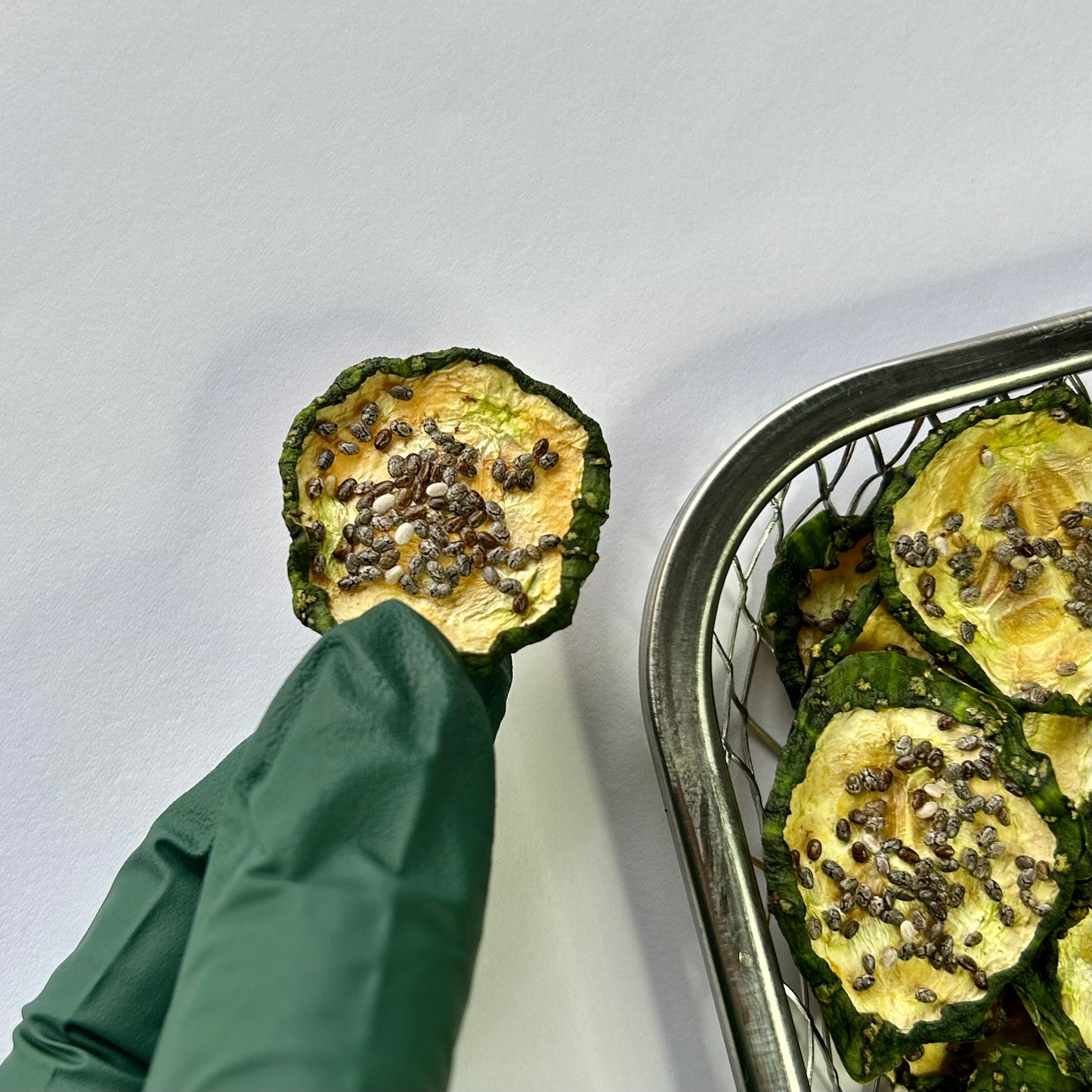 Air Dried Cucumber Chia Chips in Beef Broth