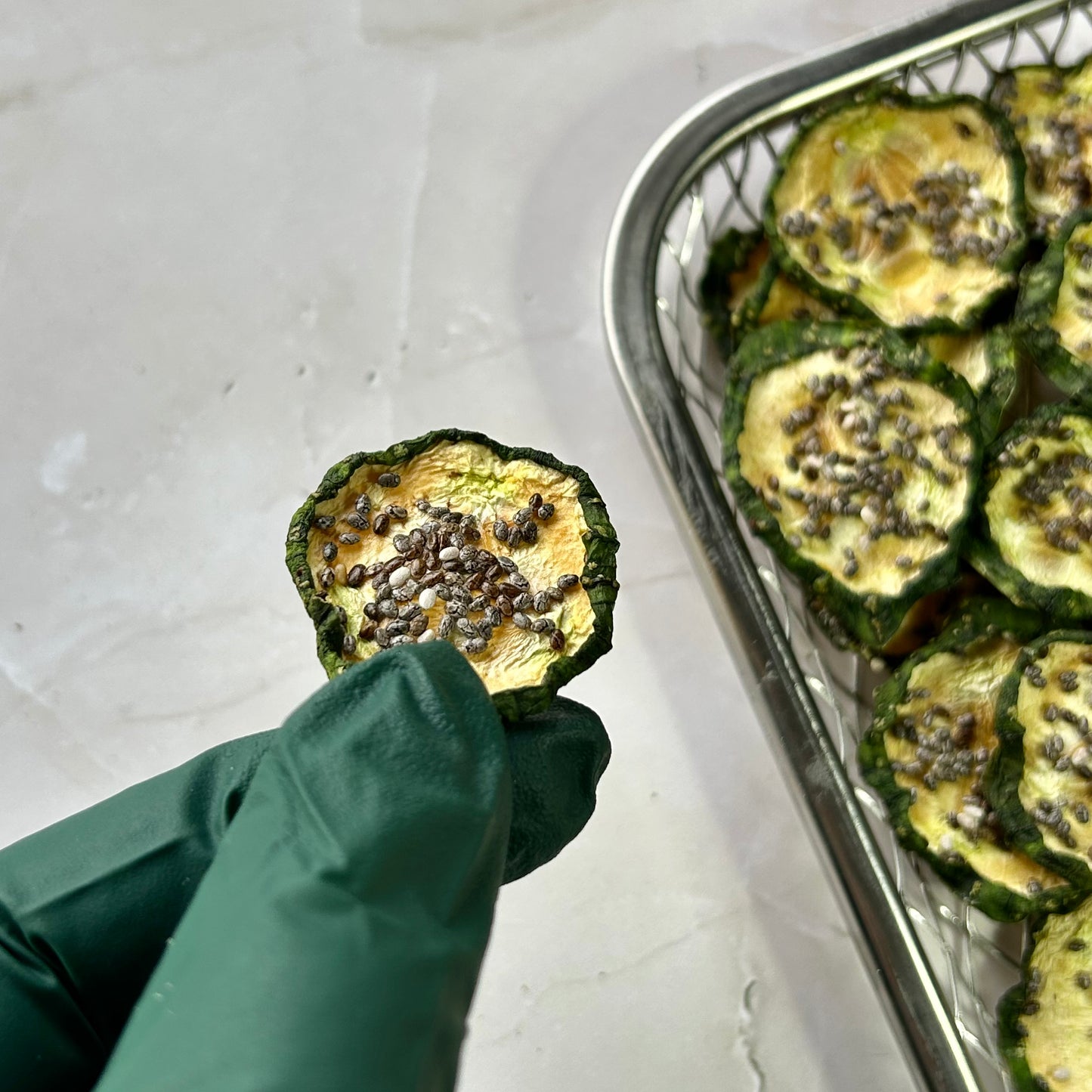 Air Dried Cucumber Chia Chips in Beef Broth